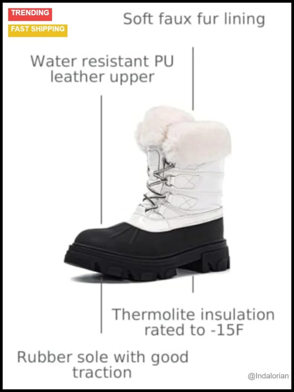 Women's Waterproof Snow Boots with Faux Fur Collar, Fleece Lining, Lace-Up